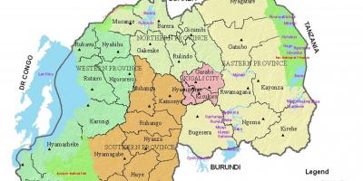 Kart av Rwanda med distrikter og sektorer